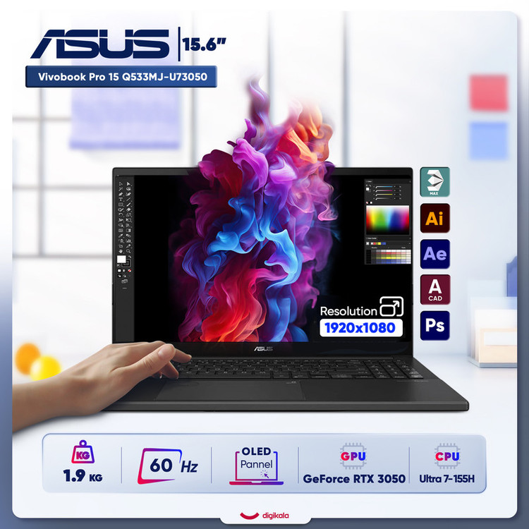 ۰ لپ تاپ 15.6 اینچی ایسوس مدل Vivobook Pro 15 Q533MJ-U73050-Core Ultra 7 155H-16GB DDR5 5600MHz-1TB SSD-RTX3050 6GB-OLED-W